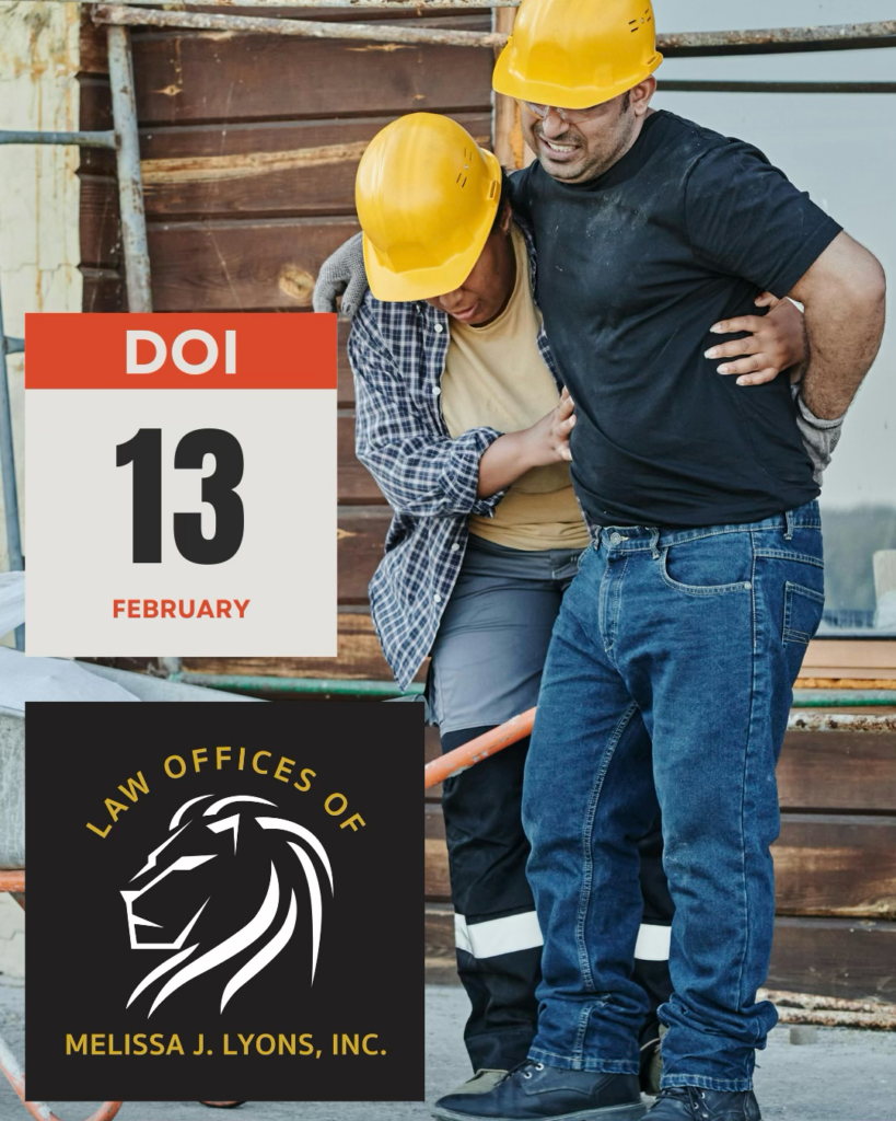 A construction worker carrying an injured worker. Date of injury calendar marked February 13.